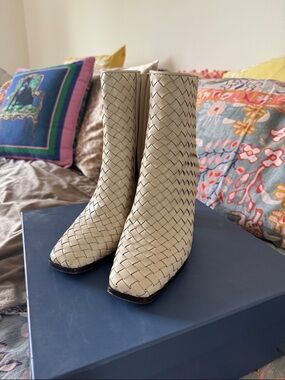 Woven Leather Ankle Boots - Cream